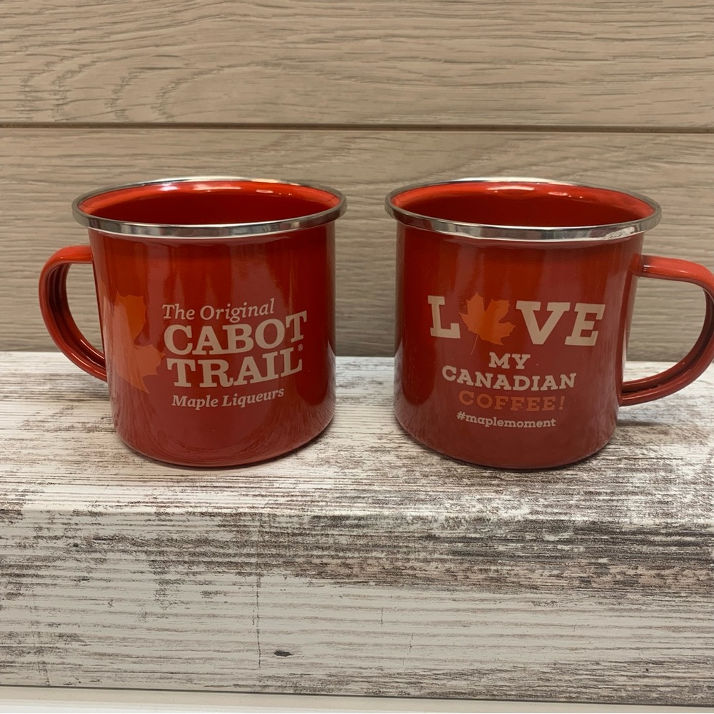 The Original Cabot Trail Maple Liqueurs metal mugs.